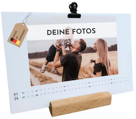 PuK Krämmer GmbH Personalisierter Fotokalender 2026 2027 mit eigenen Fotos | Startmonat wählbar | Tischkalender 2026 Holzsockel DIN A5 Monatsübersicht | Fotokalender mit eigenen Bildern