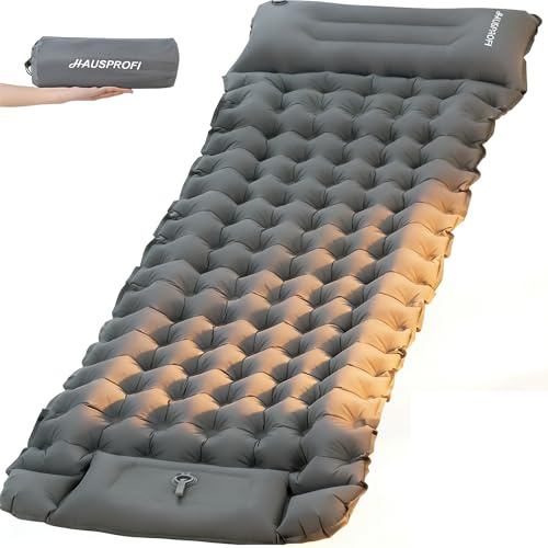 Hausprofi - Materassino da campeggio, ultraleggero da 10 cm, con pompa a pedale e cuscino, gonfiabile, compatto e leggero, per campeggio, escursioni, spiaggia, outdoor, verde militare, grigio