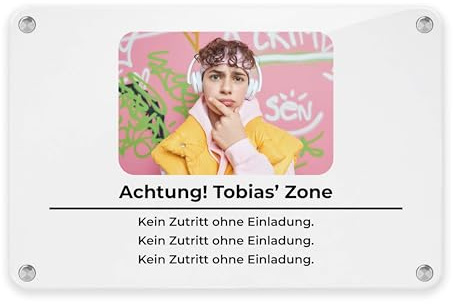 LAUBLUST Türschild aus Acryl Personalisiert | 4 Größen - Bild & Wunschtext, weiß | Haustürschild als Geschenk für Familie & Freunde - Wandschild mit Foto für Büro, Haus, Firma | 4 Edelstahl Wandhalter