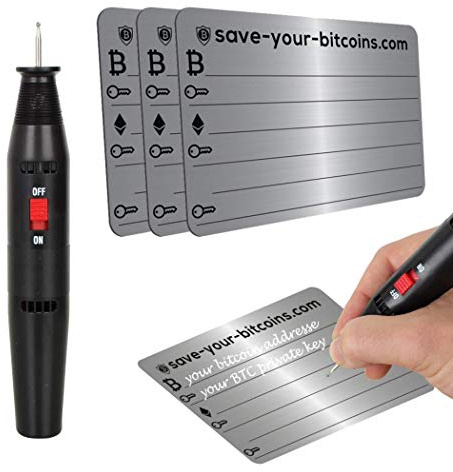 Save-Your-Bitcoins Private Key - Recovery Metallplatte aus Edelstahl (V4A), Kit mit 3 Platten + Gravierstift