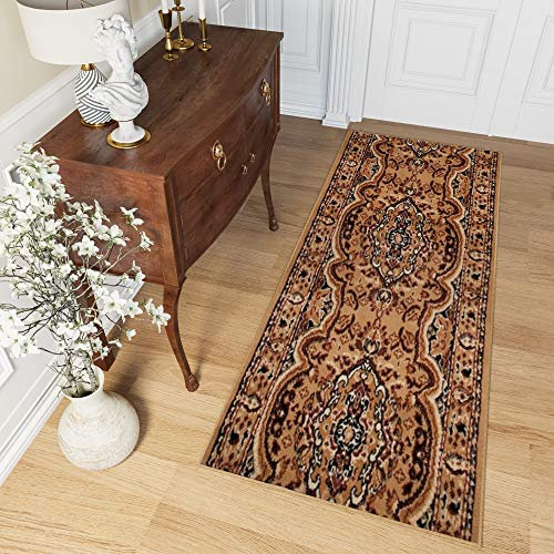 TAPISO Atlas Teppich Läufer Meterware Brücke Flur Kurzflor Küche Wohnzimmer Klassisch Floral Streifen Beige Braun Schlafzimmer ÖKOTEX 70 x 230 cm
