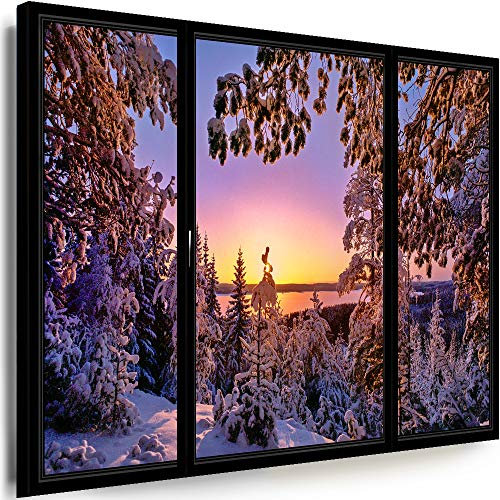 Myartstyle - Bilder Schöner Winter Fensterblick 60 x 40 cm Leinwandbild Xxl - Wandbild 1 Teilig - Gerahmter Kunstdruck Winterlandschaft Fenster w-P-2021-81