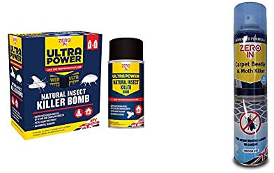 Zero In 150 ml Ultra Power Natural Insect Killer Bomb, Pack of 2 & ZER977 Carpet Beetle and Moth Killer 300ml Aerosol (For Carpets, Upholstery and Surfaces)
