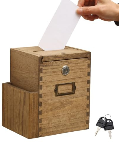 KIRIGEN Wooden Suggestion Box with Lock, Donation Ballot Box, Brown | Paulownia wood; plant oil finish; lockable door; 2 keys; side form pocket; wall mount or tabletop