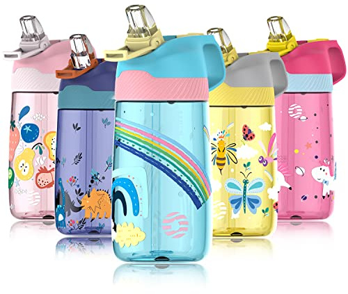 Fjbottle Kids Water Bottle with Straw, BPA Free Leak Proof 450ml Drinking Bottle, Eco Friendly Tritan Sports for Kids, One Click Flip Lid