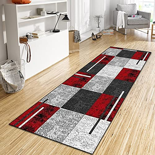 WTHYGB Teppich Läufer Flur Küche 60x200 cm, Modern rutschfest Waschbar Küchenläufer Flurläufer, Lang Polyester Plaid Hellgrau und Rot Teppichläufer für Korridor, Schlafzimmer, Innen Wohnzimmer