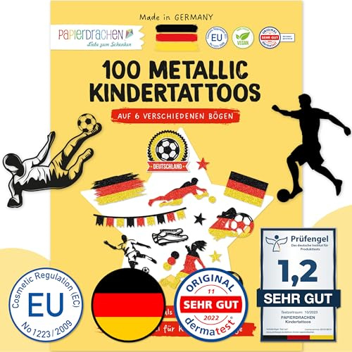 Papierdrachen 100 Metallic Tattoos - Designs für Deutschland-Fans - vegan & geprüft - Ideal für Fußball-Sommer 2026 - Glitzer Tattoos - Für Kinder & Erwachsene