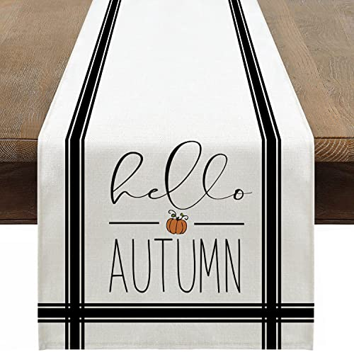 Sungeek Leinen Herbst Tischläufer, Bauernhaus Erntedankfest Herbst Themen Tischläufer Küche Esstisch Dekoration für Drinnen und Draußen Urlaub Party Wohnzimmer Dekor, 30 x 180 cm (Hello Autumn)