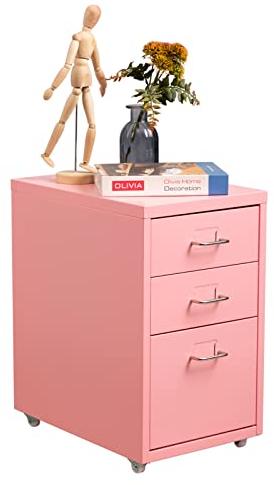 HollyHOME Mobiler Aktenschrank mit 3 Schubladen, rollbarer Aktenordner unter dem Schreibtisch, Aufbewahrungsschrank aus Metall mit Rollen für Zuhause und Büro, Pink