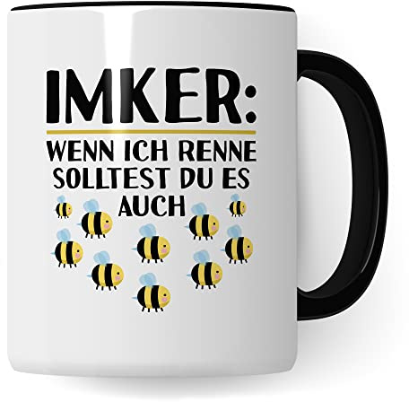 Tasse Imker Geschenk, Wenn ich renne solltest du es auch Geschenkidee Bienenzüchter Kaffee-Becher Tasse mit Spruch lustig Kaffeetasse Bienenvater Witztasse Humor Teetasse (Weiß/Schwarz)