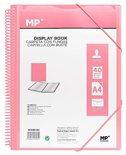 MP, Carpeta de 40 Fundas Transparentes, con Espiral, Gomas de Cierre, Incluye una Carpeta Tipo Sobre con Botón, Uso Académico, Oficina, Color Rosa