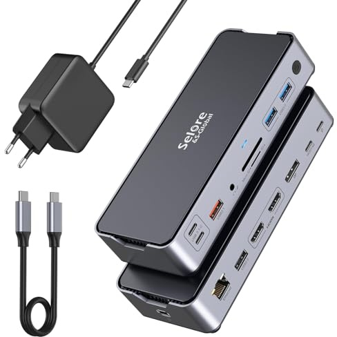SELORE 15 in 1 USB C Docking Station with DP and Dual HDMI, Single 8K Triple 4K 30Hz Display für DP1.4 Bandwidth Laptop, with 65W Charger Adapter USB C 10Gbps USB 3.1 A/C, RJ45 Ethernet, 100W PD