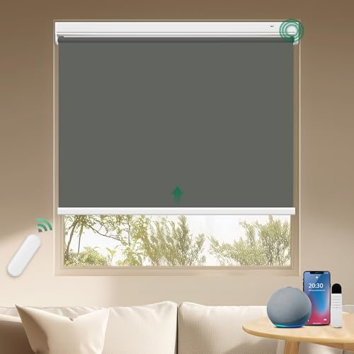 Allesin Wiederaufladbare Verdunklungsrollo ohne Bohren, B75 x H120 cm Anthrazit, Elektrische Rollo Innen, 100% Verdunkelung Sonnenschutz Smart Rollo mit Fernbedienung Kompatibel Alexa