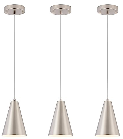 Brushed Nickel Pendant Lights Kitchen Island,Dining Room Light Fixtures Over Table 3 Pack with Silver Cone Metal Shade, Modern Farmhouse Small Chandeliers,Adjustable Cord Hanging Lighting for Sink