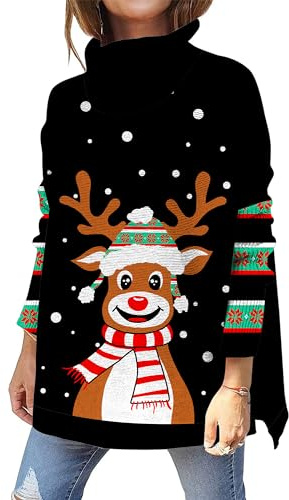 Kids4ever Jersey de Navidad para Mujer Jersey de Cuello Alto con Estampado de Alces Lindo Negro Jersey de Punto navideño de Manga Larga con Cuello Redondo y Aberturas Laterales S