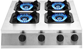 Cuisinière à gaz commerciale 4 brûleurs LPG/NG double combustible – Acier inoxydable encastrable avec boutons droits – Allumage électronique pulsé – Convient pour un usage domestique et professionnel