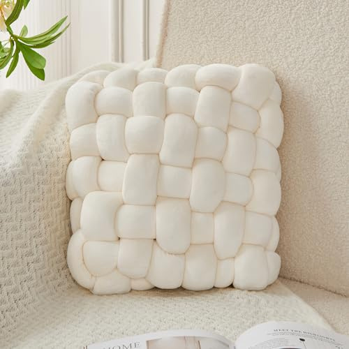 JELLYMONI White Square Knot Throw Pillow, Small Size Home Decorative Pillow, Decorative Ins Throw Pillow, Soft Velvet Knotted Decor for Room and Couch (S- 11.8×11.8×3.5, White)