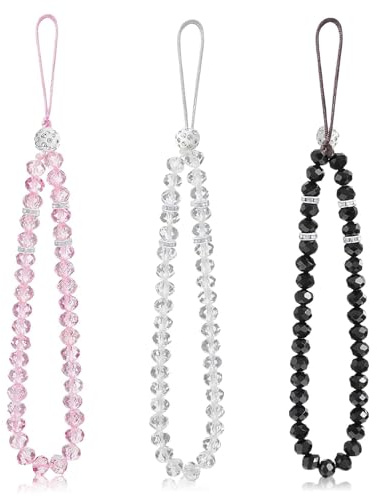 CAISYE Lot de 3 Dragonne de Téléphone Pierre Perlée, Cordons Portables en Perles de Cristal Brillantes, Empêcher la Perte et le Vol, Décoration Polyvalente