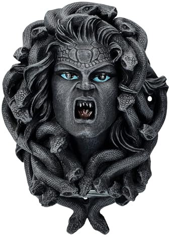 Pacific Giftware Abrebotellas Abridor montado en la pared 'Medusa gritando', ojos azules y pelo de serpiente, piedra artificial y metal, figura decorativa de fantasía