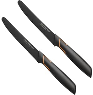 Fiskars - 2er Tafelmesser Set - Tomatenmesser Edge mit Wellenschliff rostfrei - Modernes Design - Schwarz
