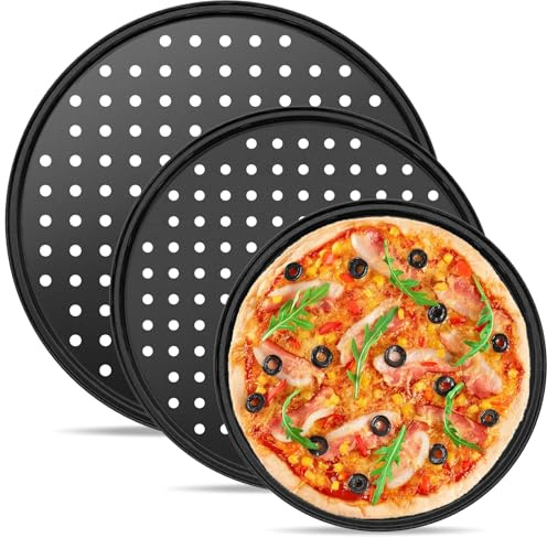 CasaCulina 3 teglie rotonde per pizza con fori, teglia antiaderente per forno da 22,9 cm, 28,9 cm, 30,5 cm, 30 cm, teglie da forno per pizza, in acciaio al carbonio perforato, per casa, ristorante,
