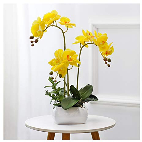 Künstliche Blumen-Orchideen im Topf – lebensechte künstliche Phalaenopsis-Blumensträuße, Dekoration mit Keramikvase, realistische Schmetterlings-Orchideen-Bonsai für Büro/Wohnzimmer/Party/Rosa (Gelb)