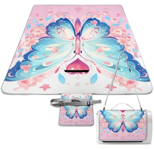 Xiputvl 3D-Eindruck Bunte Schmetterlinge Picknickdecke Tiere Strandmatte Outdoor Teppich Wasserdicht, Faltbar Stranddecke Für Trocken Strand, BBQ, Picknick, Wandern 148x148cm