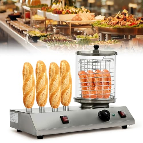 Hot Dog Maker Machine 494W Elektrische Würstchenwärmer Bockwurstwärmer aus Edelstahl Würstchenkocher, Hotdog Maker Set von Würsten und aufwärmen von Hot Dog Brötchen, regelbar 30-110°C