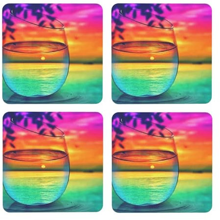 Bunte Glasuntersetzer für Getränke, Sonnenuntergang, Wasserbecher, rund, bedrucktes Muster, MDF, Kork-Untersetzer, 4 Stück, Kaffeetassenmatte, Öse