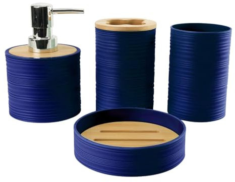 SiaBiced 4x Accessoires de Salle de Bain Distributeur de Savon Accessoire de Bain Ensemble Complet Gobelet de Bain de Bouche pour Vanité, Bleu Foncé