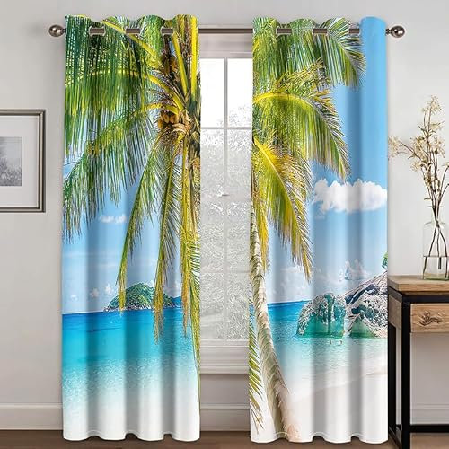 Rptidmv Vorhänge mit Ösen 2er Set Kokospalme Modern Blickdichte Vorhang Thermovorhang Kälteschutz Verdunklungsvorhänge für Wohnzimmer Schlafzimmer Kinderzimmer 140 x 175 cm (BxH)