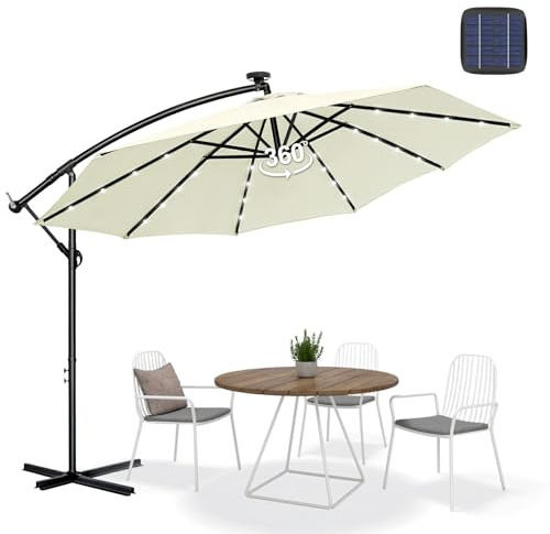 Kuro-sagol Sonnenschirm Ø300 cm mit LED | Ampelschirm Gartenschirm UV-Schutz & Wasserdicht | Kurbelschirm Marktschirm 360° Drehbar & Windstabil | Sonnenschutz für Garten & Terrasse – Beige