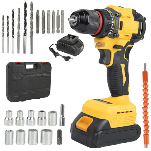 Trapano a Percussione Purova 21 V, 45 Nm, Avvitatore Elettrico con Batteria da 4000 mAh, 24 Accessori, 18 + 2 Regolazione Coppia, Giallo