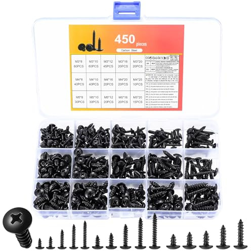 450 PcsTornillos Autorroscantes, M3 M4 M5 Tornillos Negros para Carrocería, Tornillos de Cabeza Redonda y Plana CruzTornillos para Madera Paneles Acústicos, Guardabarros y Parachoques