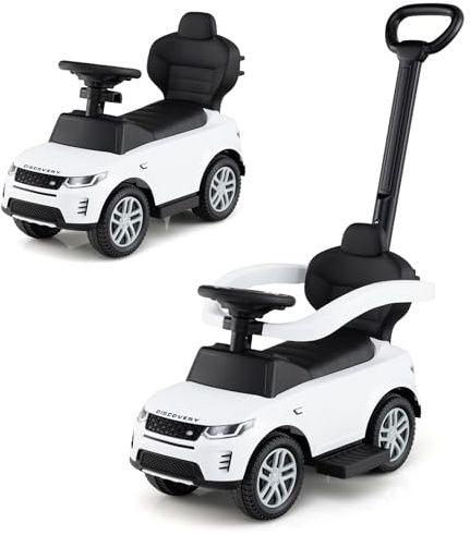 DREAMADE 3 in 1 Kinder Rutschauto, Schiebeauto mit abnehmbare Schiebestange, Kinderfahrzeug mit einziehbare Fußstütze, Kippschutz, Hupe, Stauraum, Rutschfahrzeug für Kinder ab 1 Jahr (Weiß)