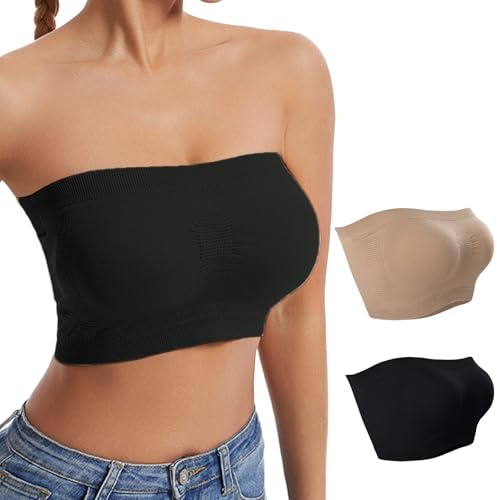 2 Stück Damen Trägerloser BH Push Up Bandeau BH ohne Träger Bandeau Top Gepolstert Damen Strapless Bra ohne Bügel Beige+Schwarz M