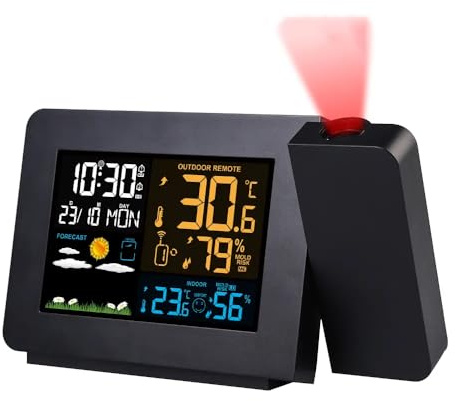 Projection Alarm Clock with Outdoor Sensor - Dimmable Weather Station - Dual Alarms, LCD Display for Date, Time, Temperature, and Humidity