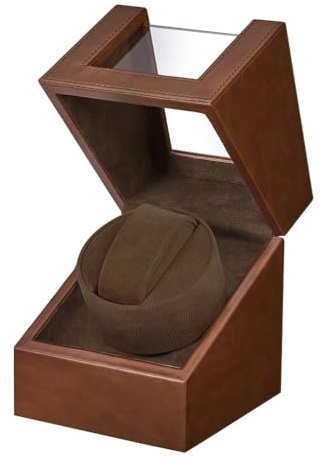 LINGFANSTORE Automatische Uhrenbeweger Box,luxuriöser Single Uhrenbeweger,Uhrengehäuse mit leisem Mabuchi Motor,Batteriebetrieb oder Netzteil PU Leder (Dunkelbraun-125F)