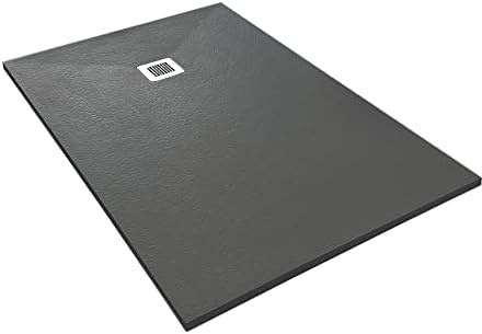Belvit Plato de ducha de piedra compuesta, color negro, estructura de pizarra, tamaño 120 x 90 cm, plano y moderno, antideslizante, robusto, incluye desagüe, fácil montaje
