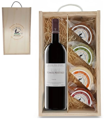 Estuche Gourmet 4 Quesos Artesanos de Leche Cabra con Botella Vino Tinto Tomas Postigo | Caja de Madera | Queso Semicurado, Romero, Pimentón y Curado | Regalo Gastronómico | Ganadería Propia