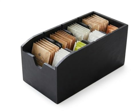 Gzsekken Black Tea Bag Storage Holder, Wooden Coffee Sachet Holder with 3 Removable Dividers, Multi Rack for Condiment Herbal Spice Packet Drink Station Kitchen Counter Shelf Office Bar
