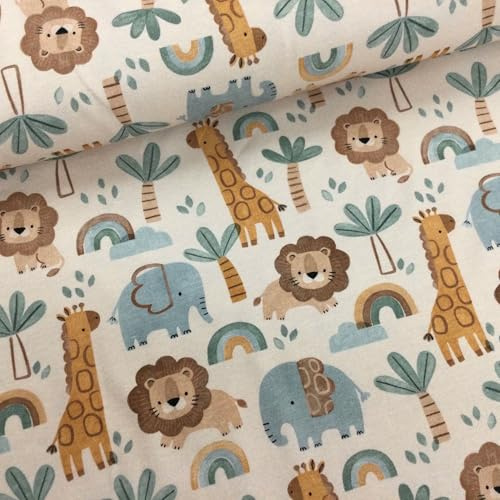 Baumwolljersey Stoff Kinder Fahrzeuge & Tiermotive – 94% Baumwolle 6% Elasthan – Öko-Tex Standard 100 – 150 cm breit – Meterware ab 50 cm für Baby- & Kinderkleidung (Löwen, Giraffen, Elefanten)