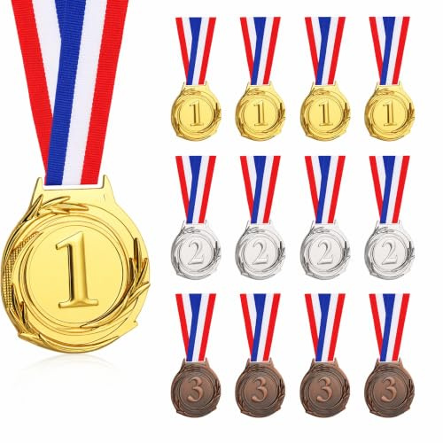 Bighan Metallmedaillen 12 Stück, 5 cm Durchmesser Sportmedaillen mit Rotem Band, Goldmedaillen für Kinder und Erwachsene, Geeignet für Sportwettkämpfe, Geburtstage, Schulfeiern