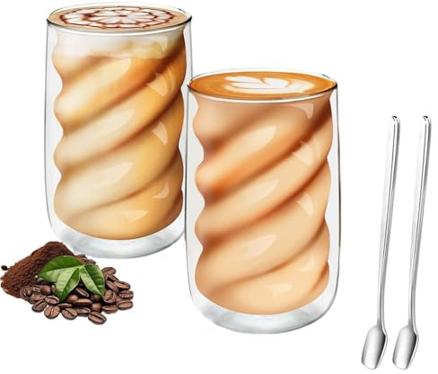ZkateTrade Latte Macchiato Bubble Gläser Set, 2 x 350ml Doppelwandige Bubble Kaffeegläser mit 2 Löffeln, cappuccino Thermogläser für Latte Macchiato, Tee, Milch, Bier