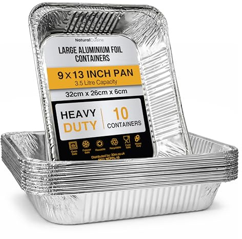 Natural Cuisine Pack of 10 Large Aluminium Foil Trays 9x13 Inch (32x26cm) – Heavy Duty Lasagne & Roasting Trays – Deep Disposable Foil Containers Baking Pans – No Lids