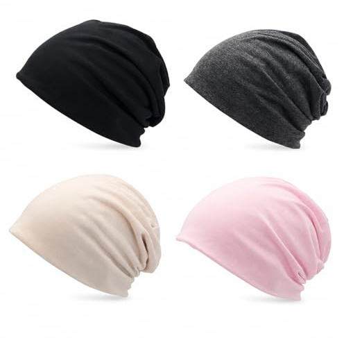 Kenvic 4 Pcs Soft Stretch Beanie Cap, Solid Color Turban Headwear Hat for Chemo Hair Loss, Classic Baggy Hat, Lightweight Breathable Slouchy Hat, Unisex Jersey Beanie for Women Men Multicolour