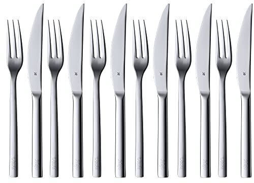WMF Nuova Steakbesteck 12-teilig, für 6 Personen, Set für 6 Personen, Steakgabel und Steakmesser Set aus Cromargan Edelstahl poliert, spülmaschinengeeignet