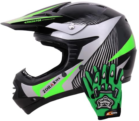 Zorax ZOR-X19 Youth Motocross Helmet & Gloves - Green M (51-52cm)