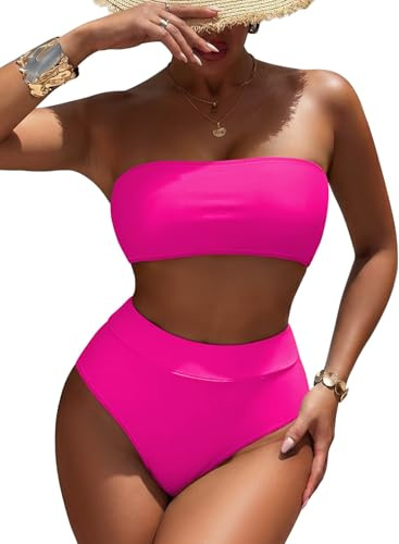 Pink Queen Women's Bandeau High Waist Bikini Set Removable Strap Swimsuit Bathing Suit Bright Pink L