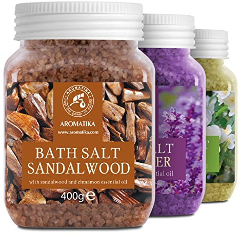 Meer Badesalz Set 3x400g - Lavendel - Sandelholz - Jasmin - Bade Meersalz mit Ätherischen Ölen - Aromatherapie Badewanne - Körperpflege für Guter Schlaf - Gute Laune Badeduft - Badezusatz 1.2kg
